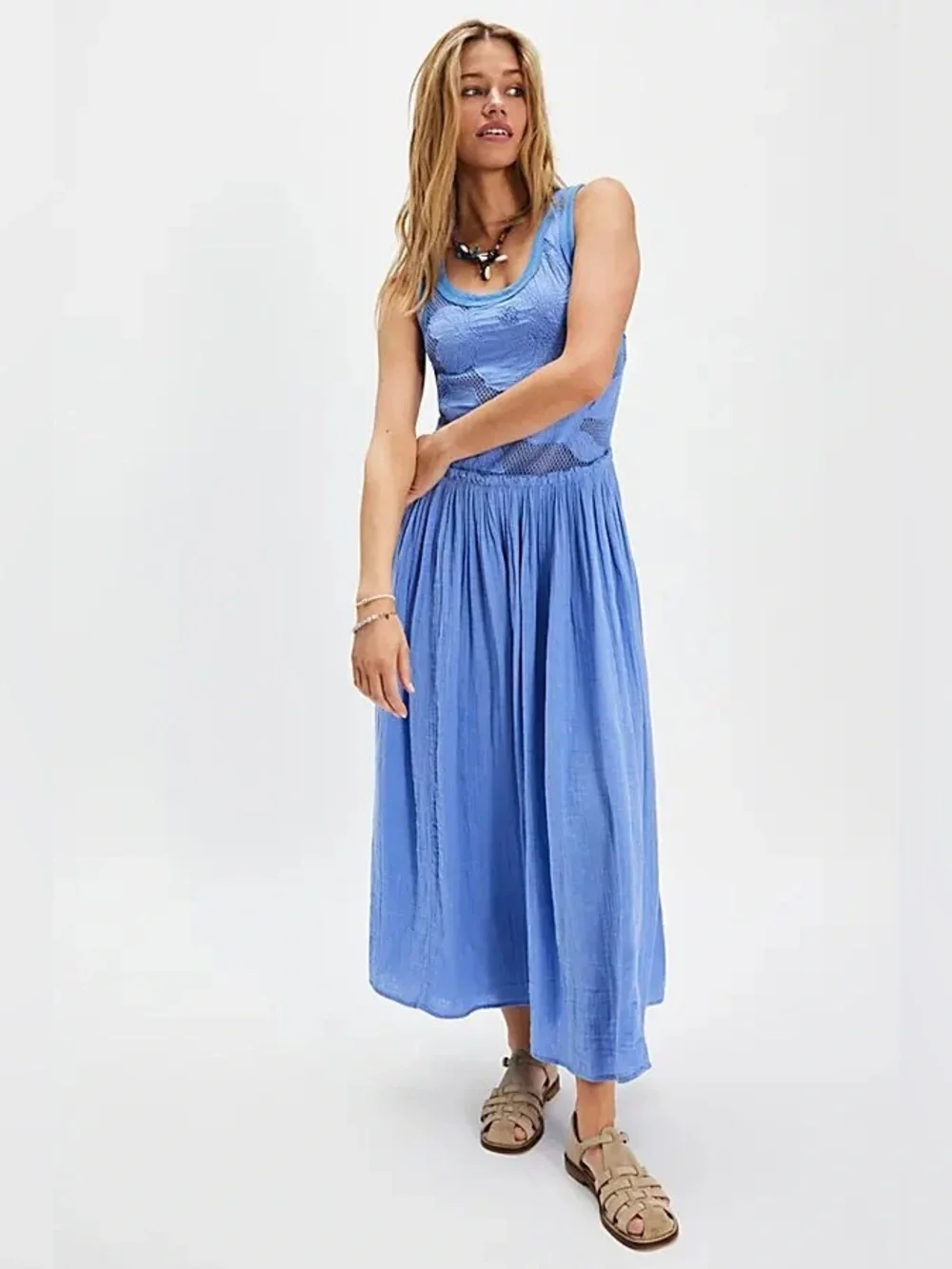 Free People Floral Pearl Maxi Dress Sundress Gauze Cotton Large Blue - Picture 2 of 7